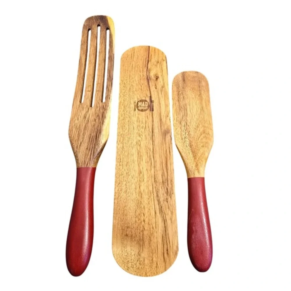 Mad Hungry Acacia Wood Kitchen Set Slotted Spurtles Holder Red‎ Handles 7 Piece